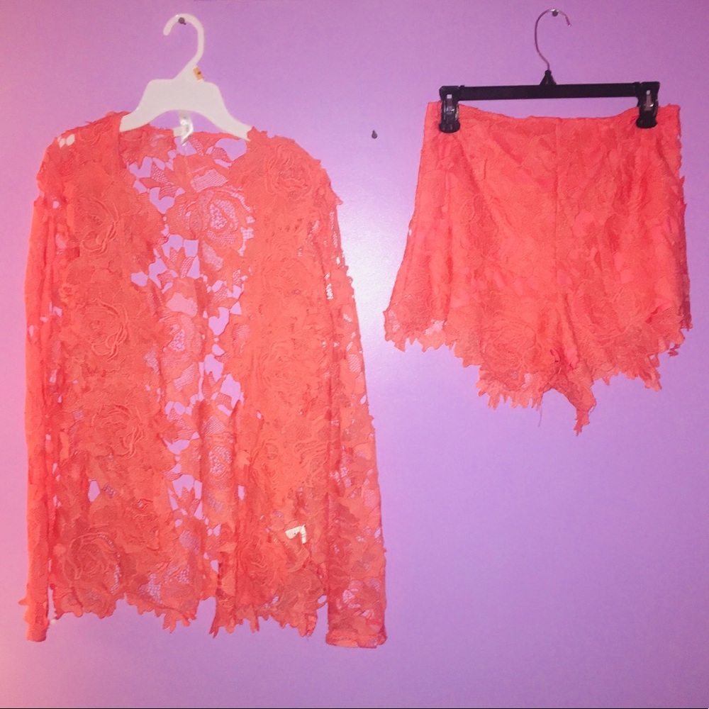 Hot pink lace set short and sweater